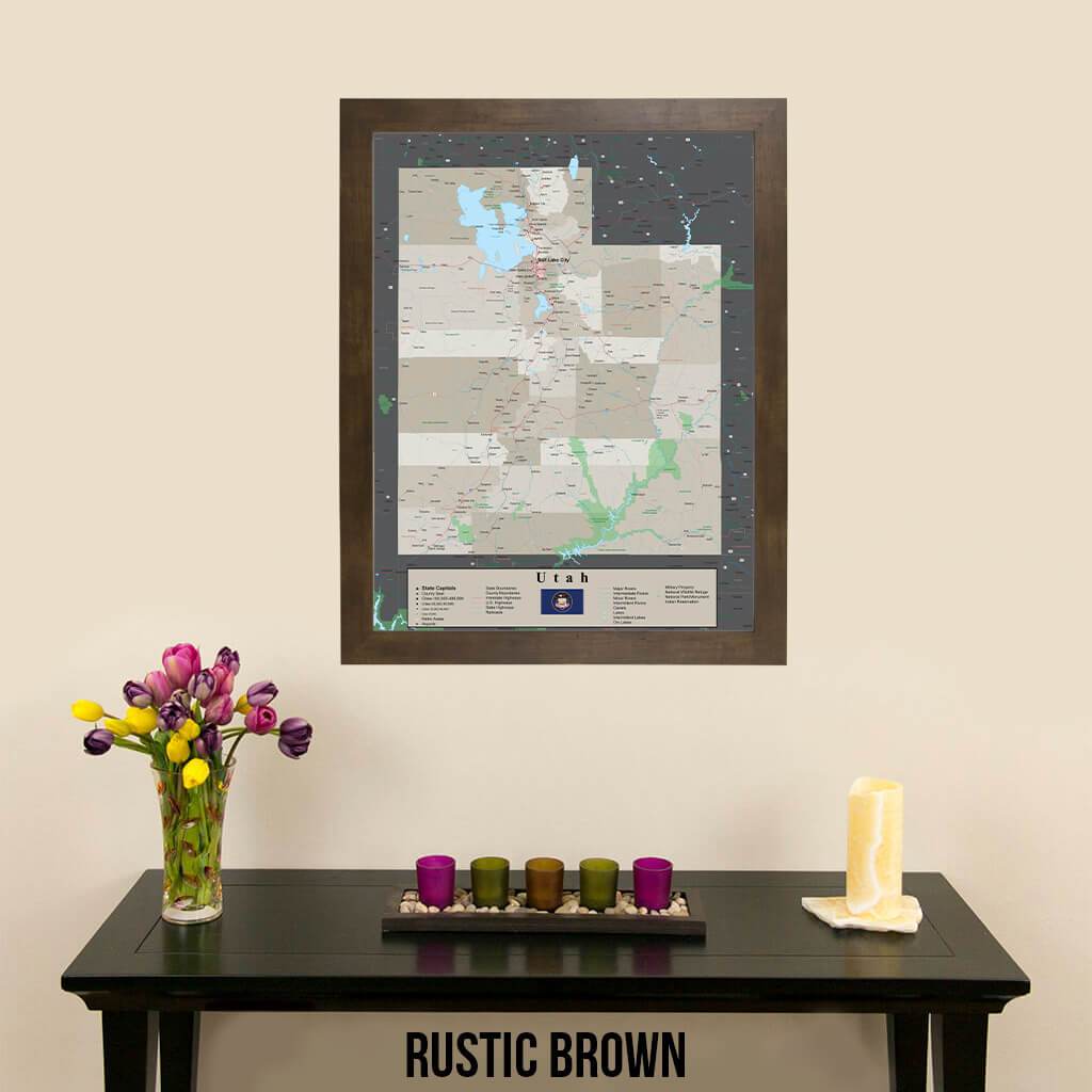 Earth Toned Utah State Pin Map Rustic Brown Frame