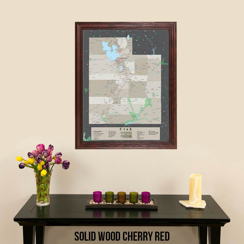 Earth Toned Utah State Pin Map Solid Wood Cherry Frame
