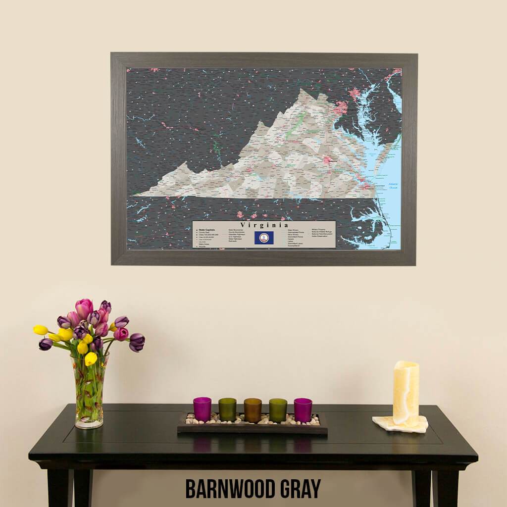 Earth Toned Virginia Travel Map with Pins Barnwood Gray Frame