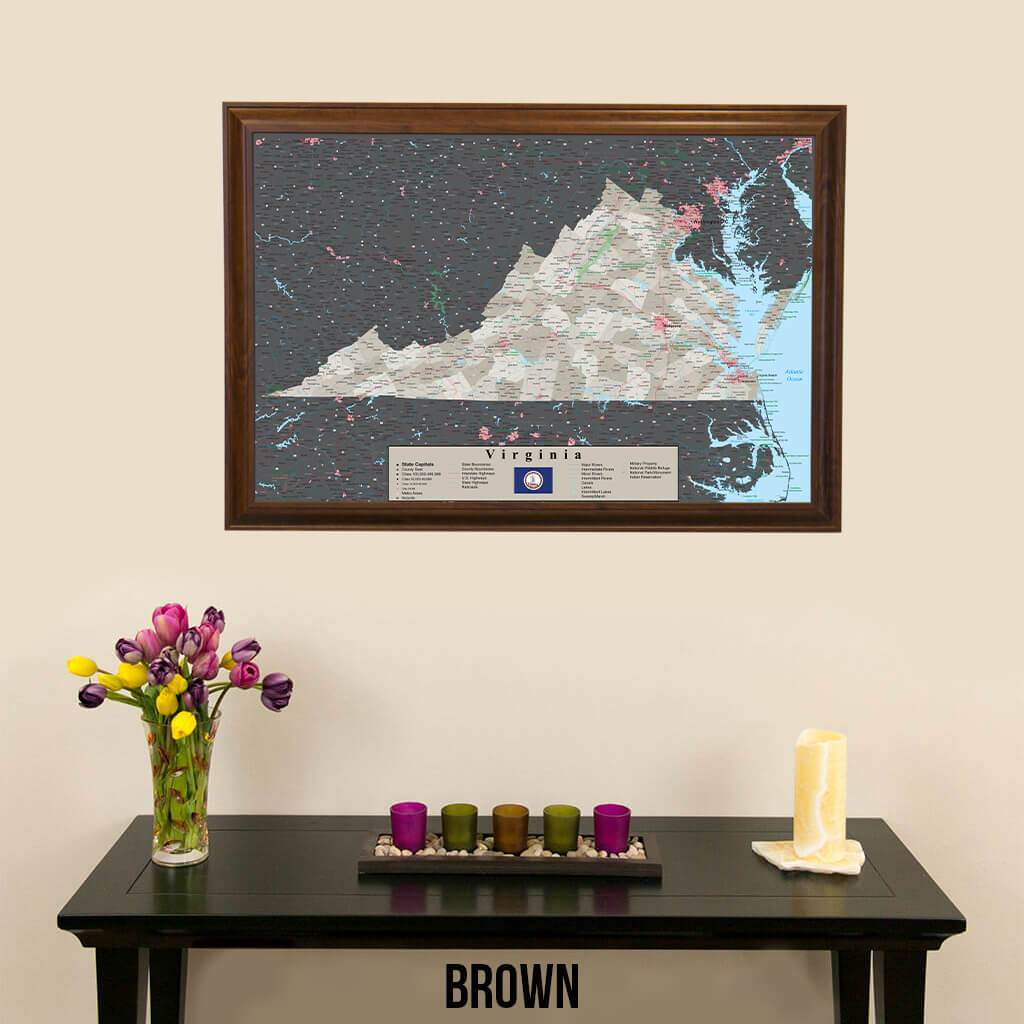 Earth Toned Virginia Travel Map with Pins Brown Frame
