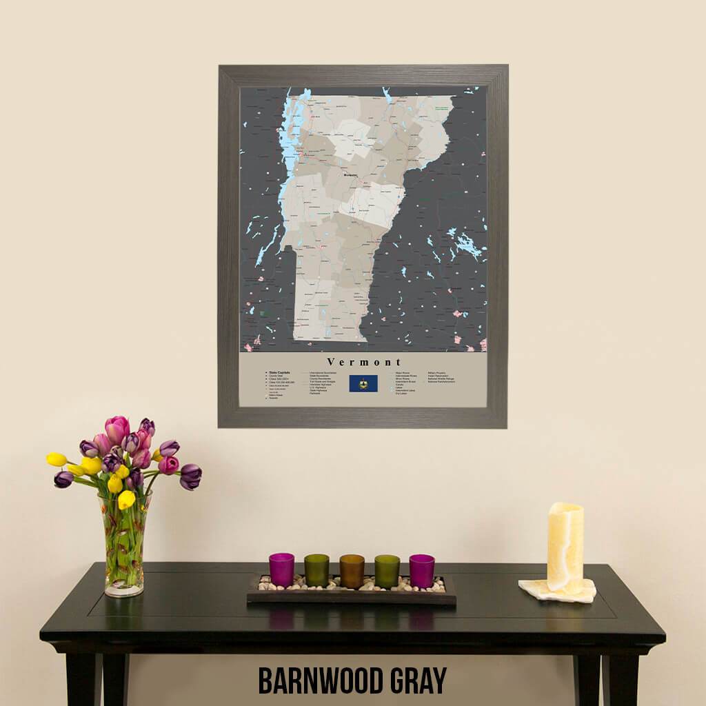 Earth Toned Vermont State Framed Map Barnwood Gray Frame