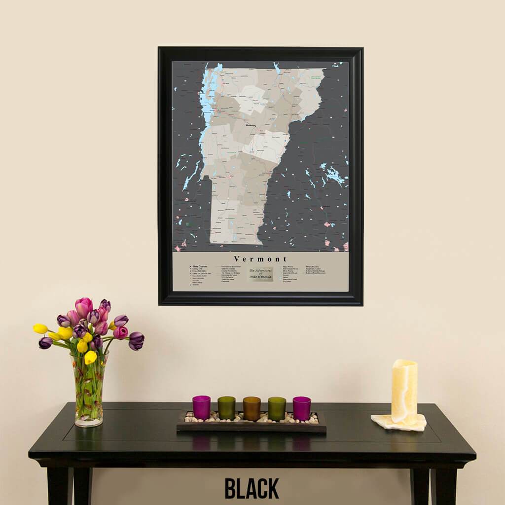 Earth Toned Vermont State Framed Map Black Frame