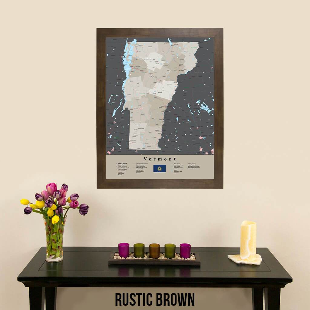 Earth Toned Vermont State Framed Map Rustic Brown Frame