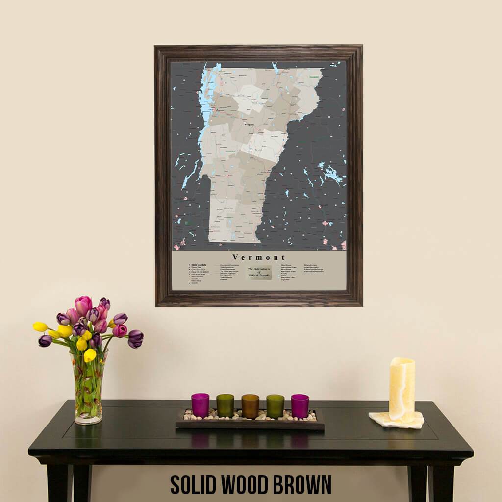 Earth Toned Vermont State Framed Map Solid Wood Brown Frame