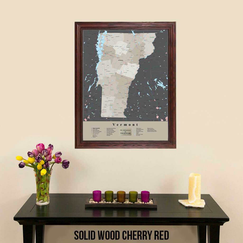 Earth Toned Vermont State Framed Map Solid Wood Cherry Frame