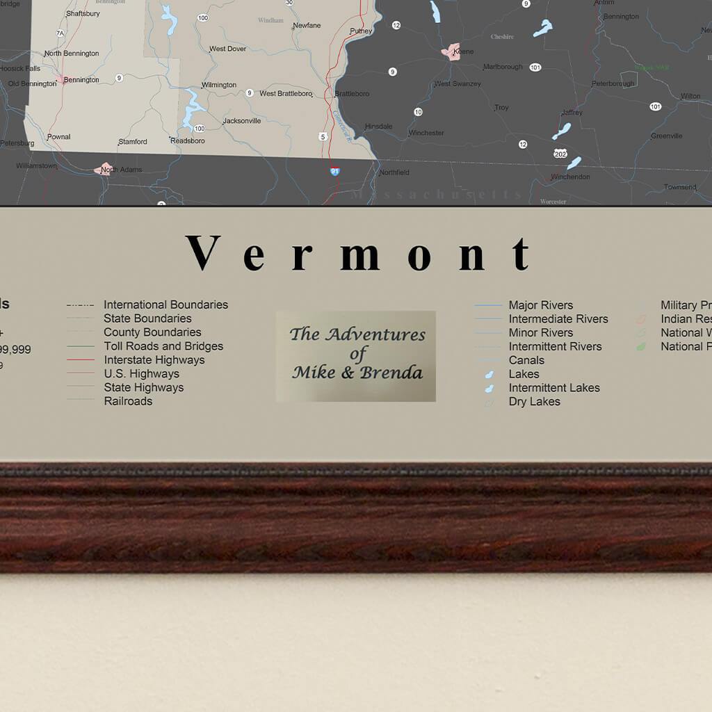 Earth Toned Vermont State Framed Map Plaque Location