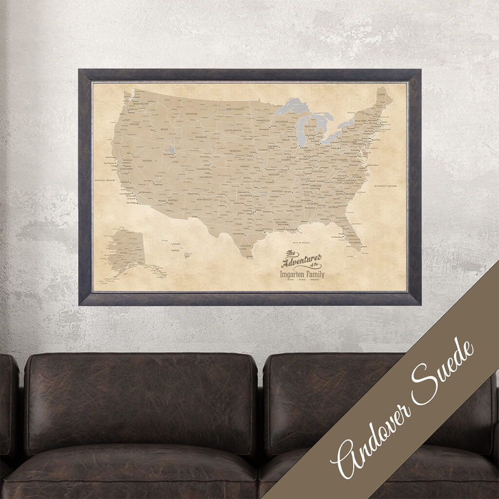 Canvas Vintage USA Pin Map for Travels in Premium Andover Suede Frame