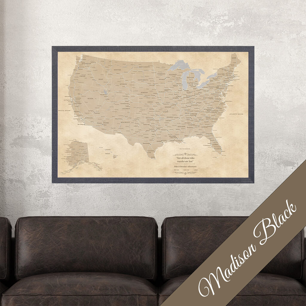 Canvas Vintage USA Pin Map for Travels in Premium Madison Black Frame