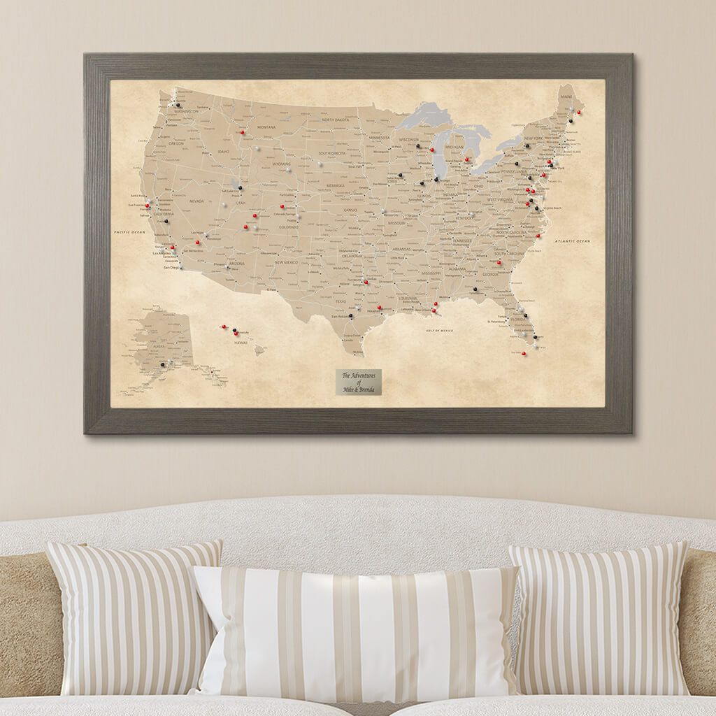 Vintage USA Travel Map in Barnwood Gray Frame