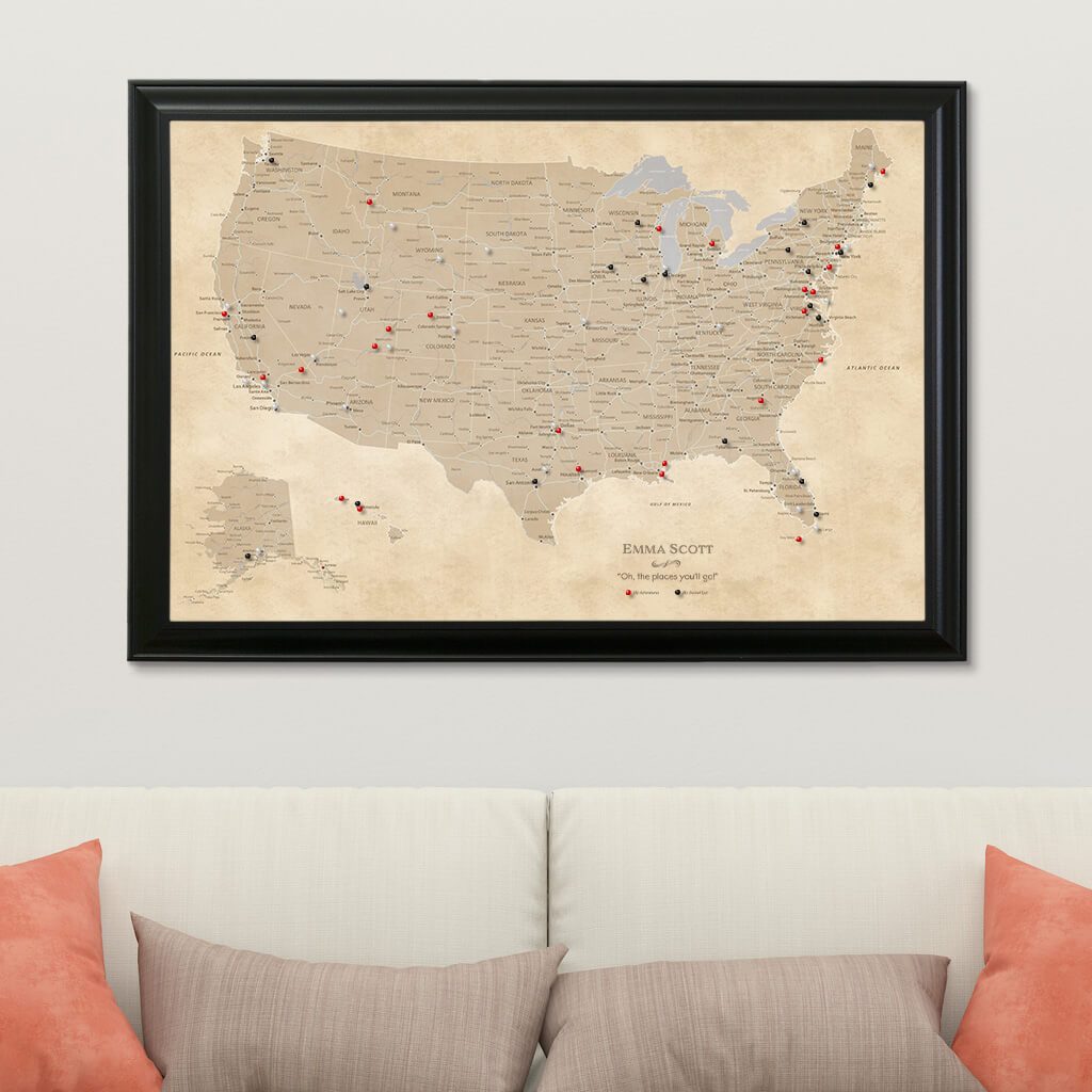 Vintage Style Canvas Map | United States Map Canvas - Push Pin Travel Maps