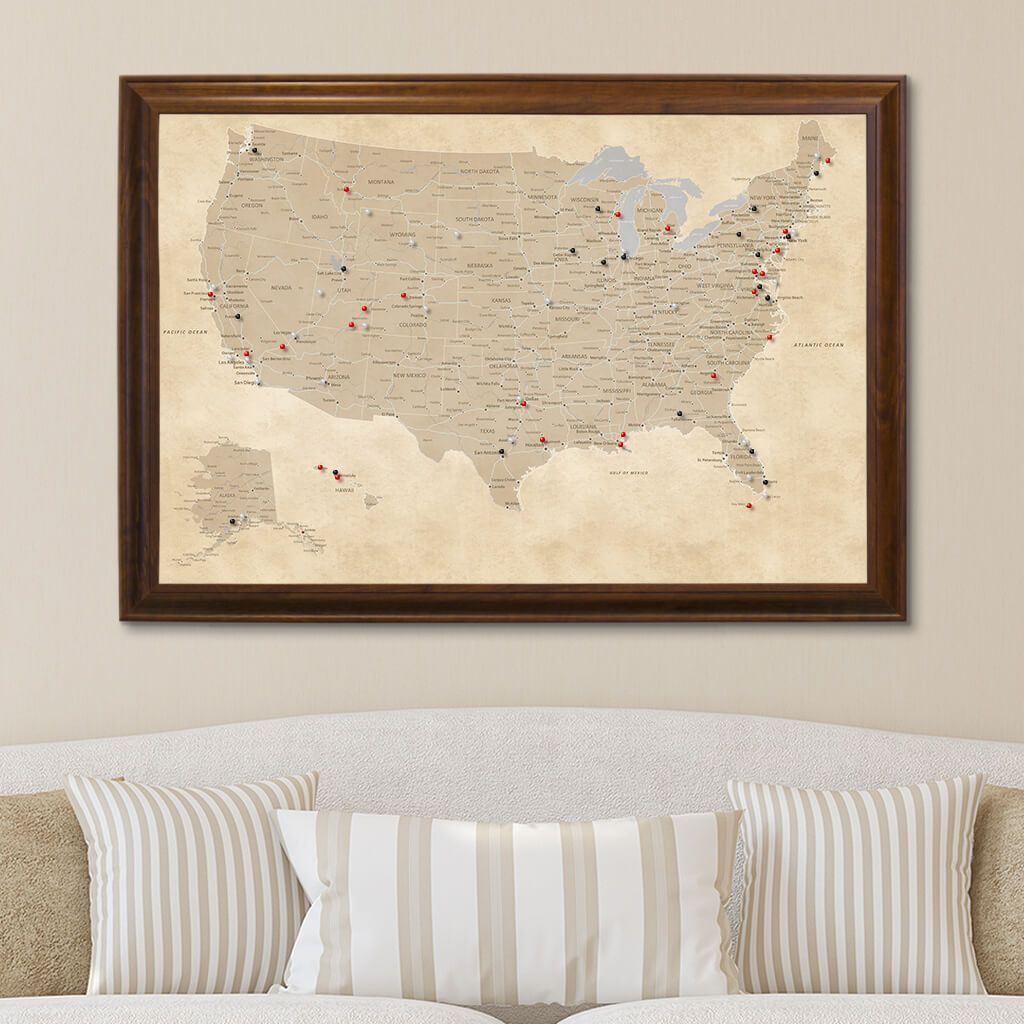 Vintage USA Travel Map in Brown Frame