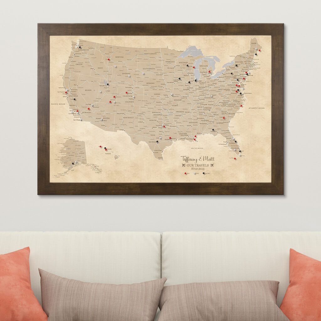 Canvas Vintage USA Wall Map for Travelers in Rustic Brown Frame