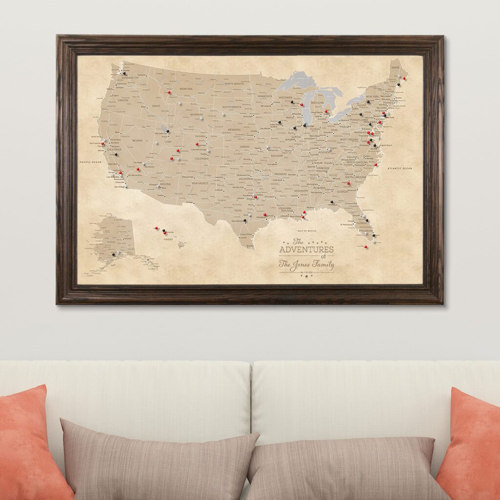 Canvas Vintage USA Wall Map for Travelers in Solid Wood Brown Frame