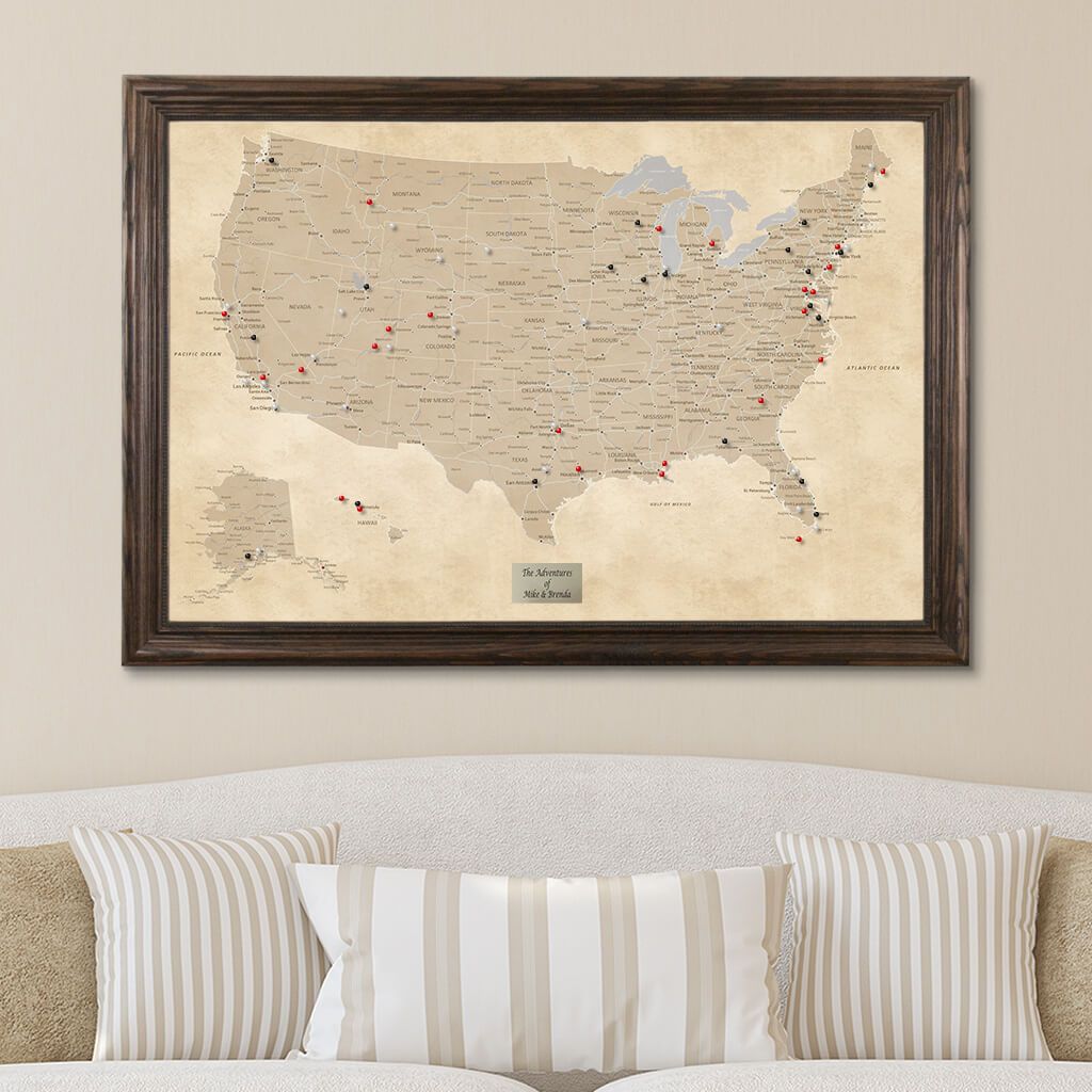 Vintage USA Travel Map in Solid Wood Brown Frame