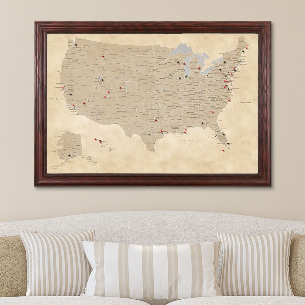 Vintage USA Travel Map in Solid Wood Cherry Frame