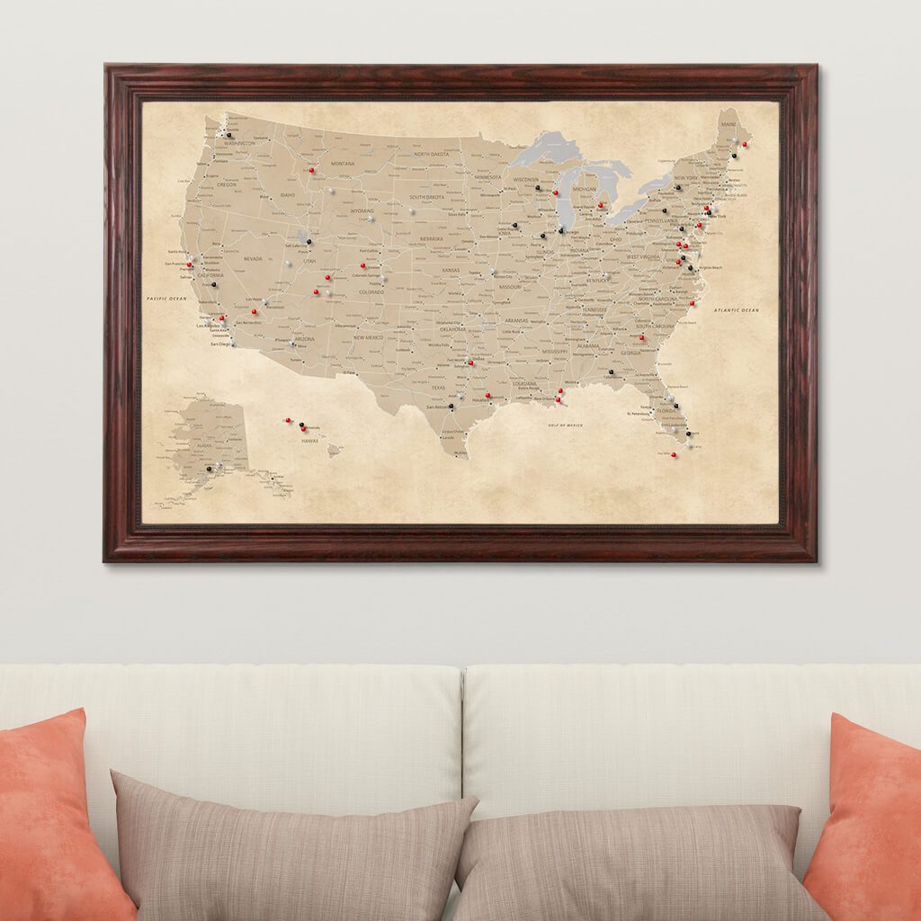 Canvas Vintage USA Wall Map for Travelers in Solid Wood Cherry Frame