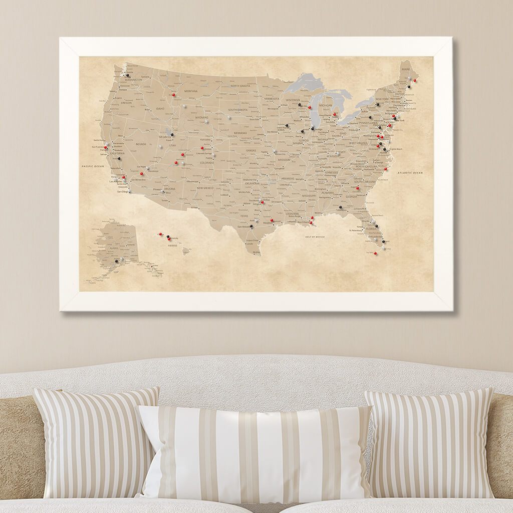 Vintage USA Travel Map in Textured White Frame