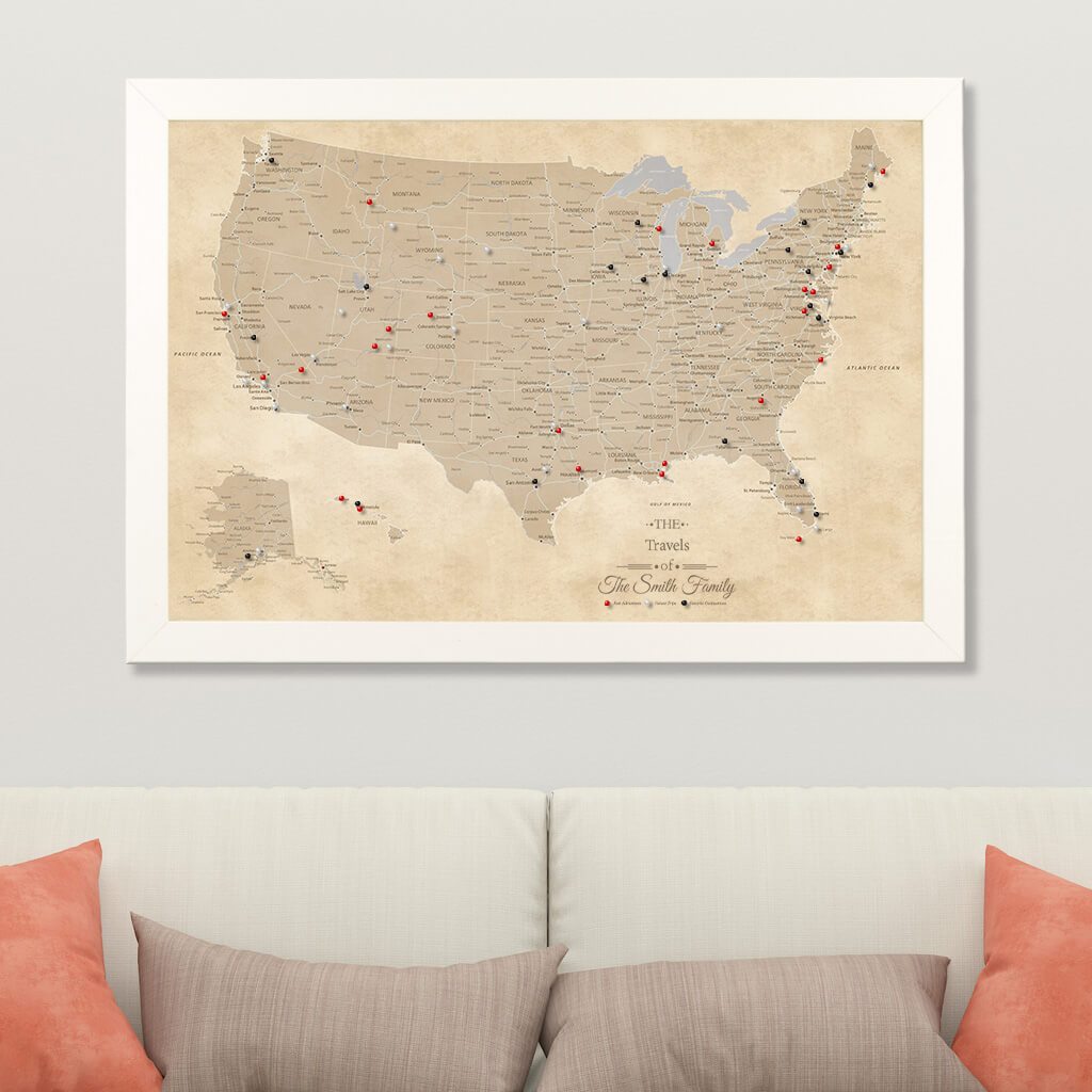Canvas Vintage USA Wall Map for Travelers in Textured White Frame