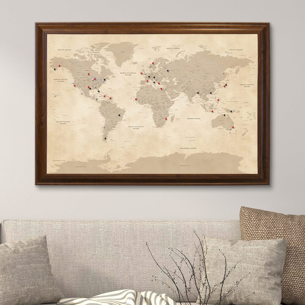 Vintage World Pinboard Map with Brown Frame