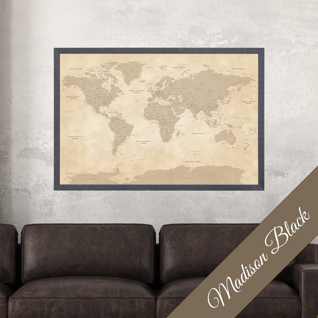 Canvas Vintage World Map with Pins in Premium Madison Natural Black Frame