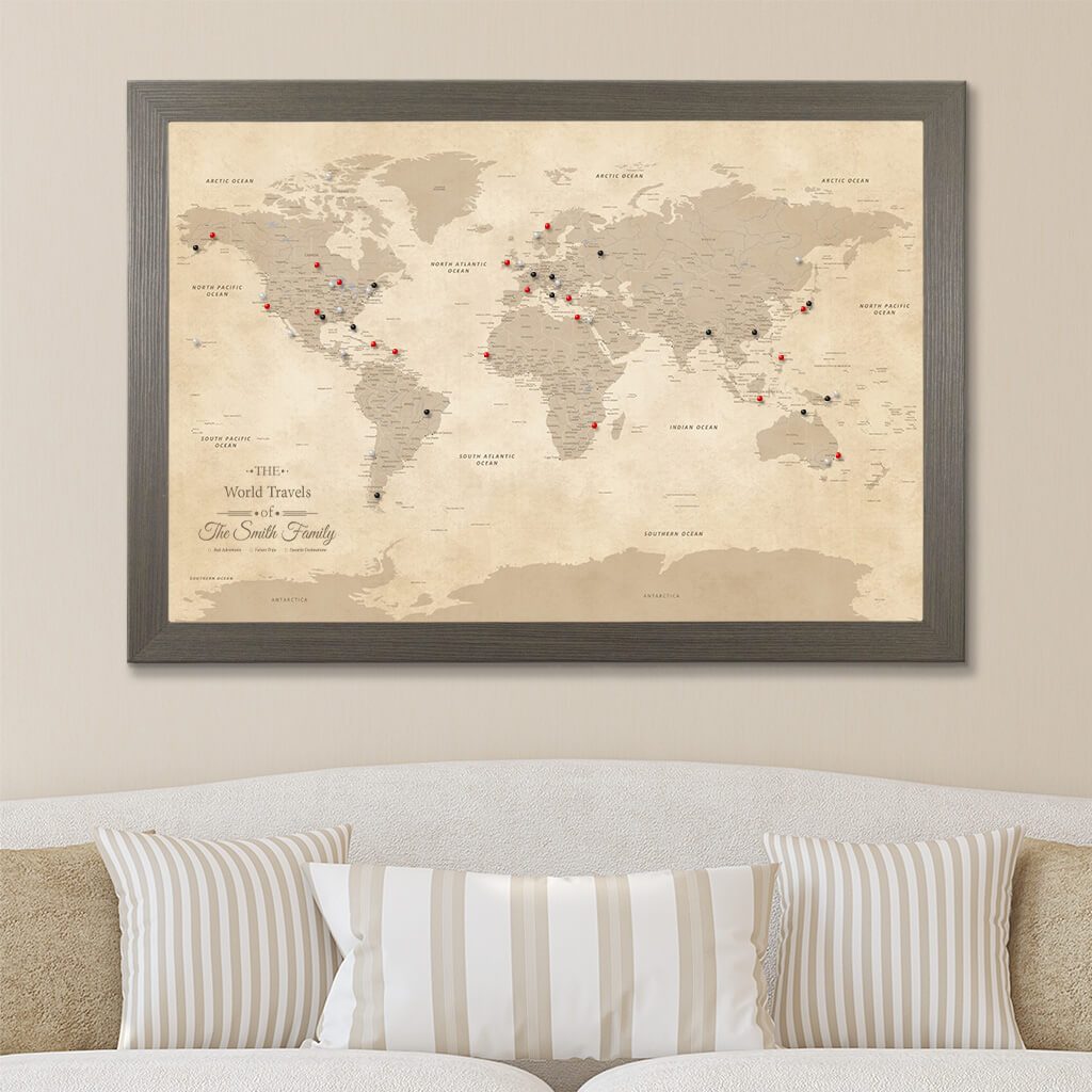 Canvas Vintage World Map with Pins in Barnwood Gray Frame