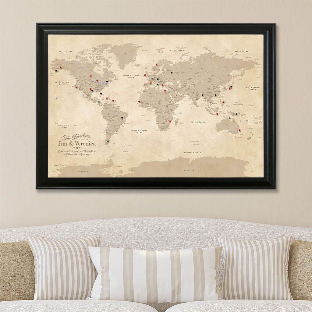 Canvas Vintage World Map with Pins Black Frame