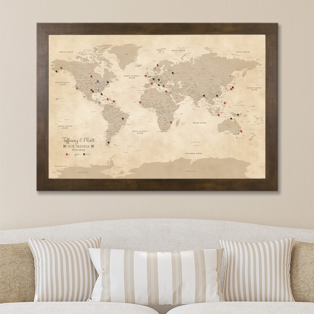 Canvas Vintage World Travelers Map with Rustic Brown Frame