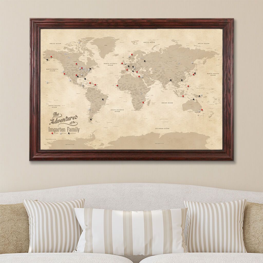 Canvas Push Pin Travel Map - Vintage World Map in Solid Wood Cherry Frame