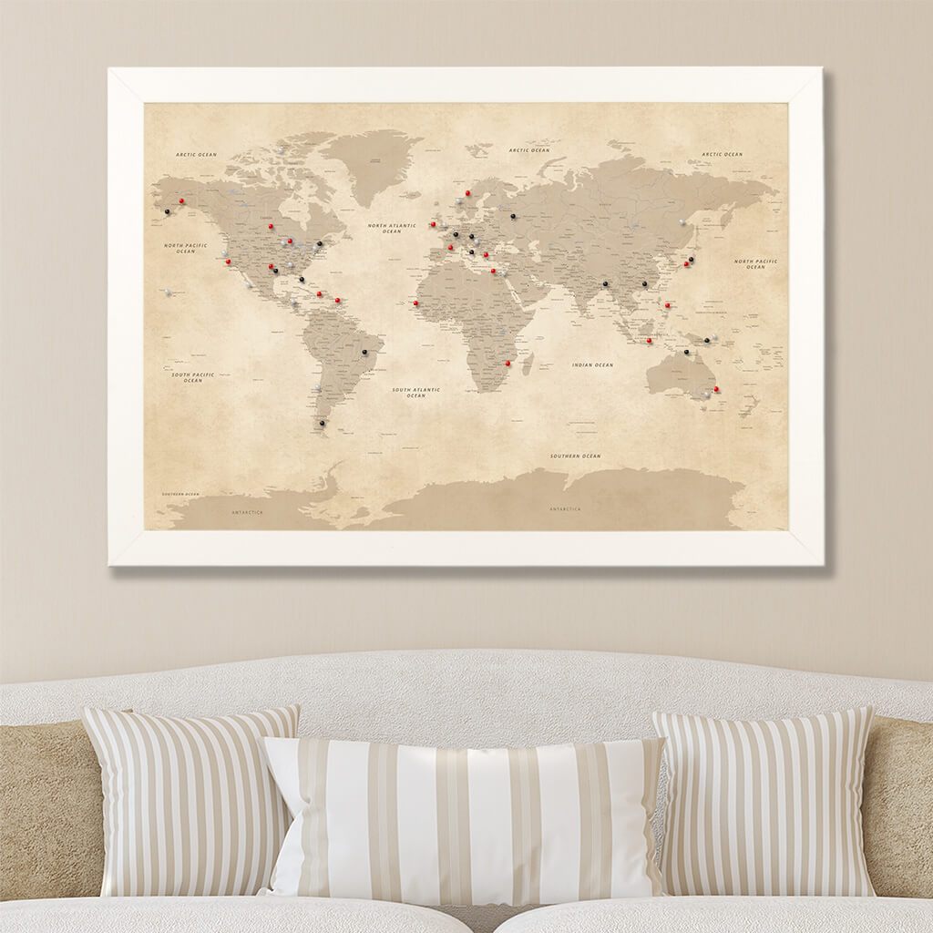 Canvas Push Pin Map - Vintage World Map in Textured White Frame