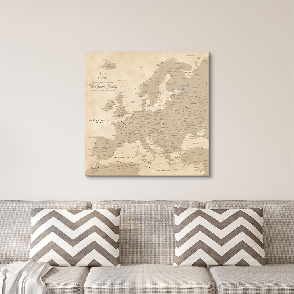 Gallery Wrapped - Vintage Europe Travel Map with Pins - Square Style