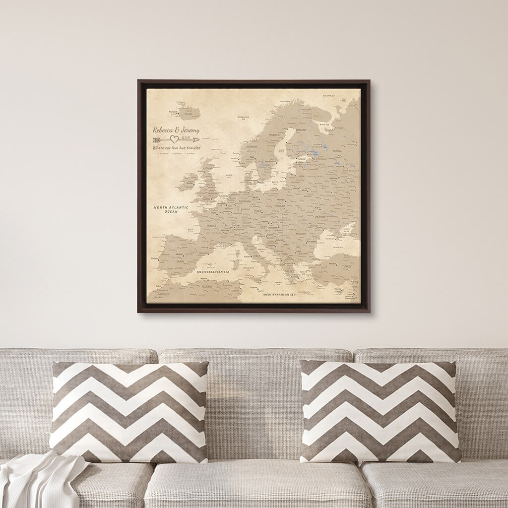 Gallery Wrapped - Vintage Europe Travel Map with Pins - Square Style