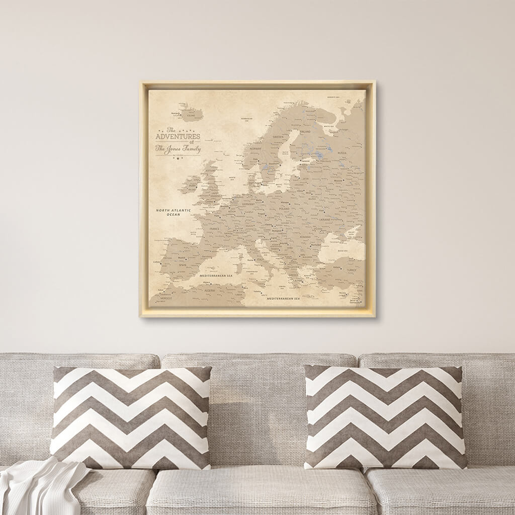 Gallery Wrapped - Vintage Europe Travel Map with Pins - Square Style