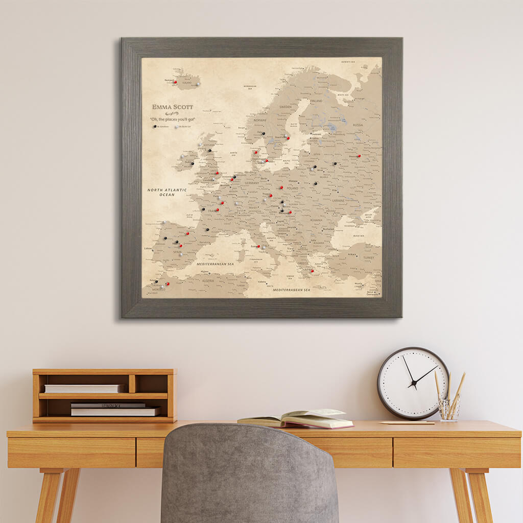 Framed Vintage Europe Canvas Map in Square Barnwood Gray Frame