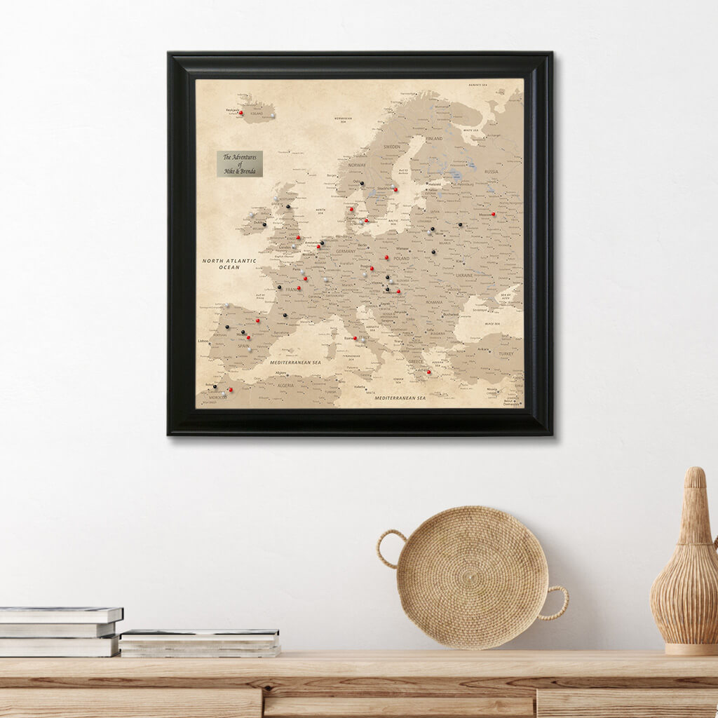 Square Vintage Europe Push Pin Travel Map - 24"x24" - Black Frame