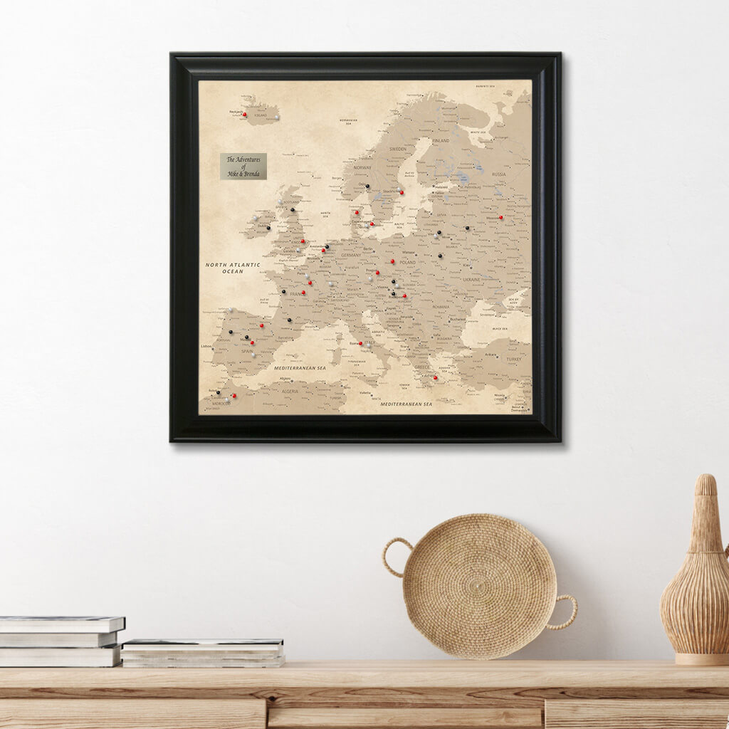 Square Vintage Europe Push Pin Travel Map - 24&quot;x24&quot; - Black Frame