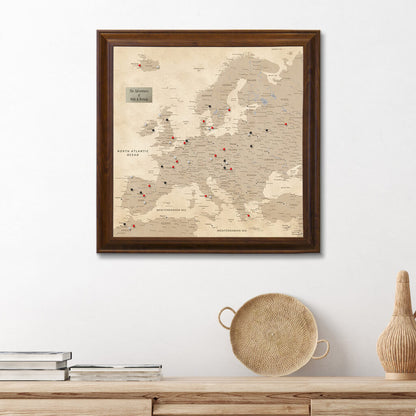 Square Vintage Europe Push Pin Travel Map - Brown Frame