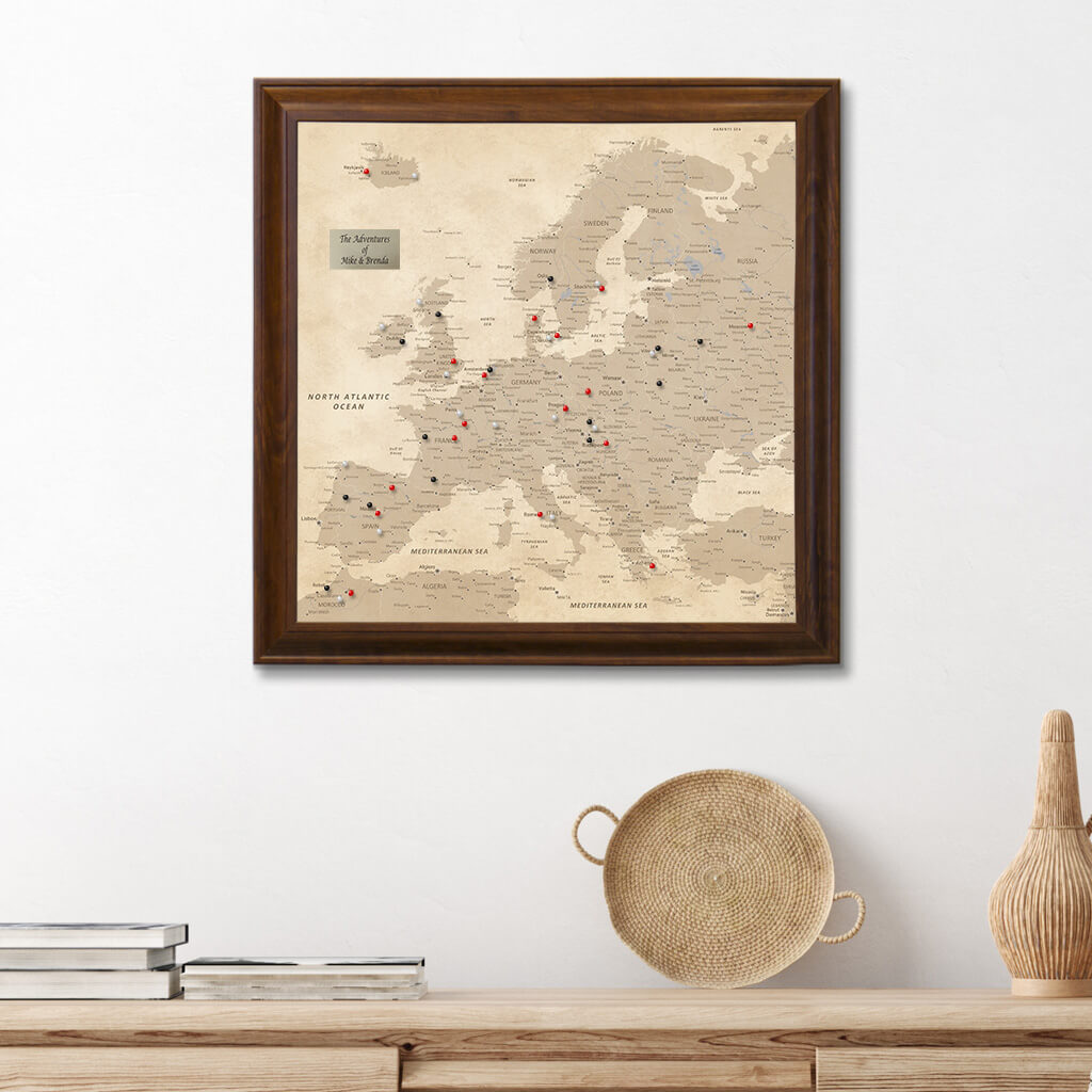 Square Vintage Europe Push Pin Travel Map - Brown Frame