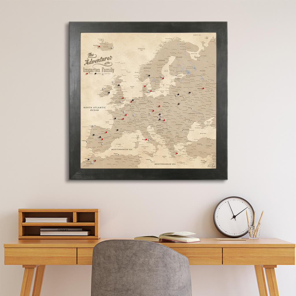 Framed Vintage Europe Canvas Map in Square Rustic Black Frame