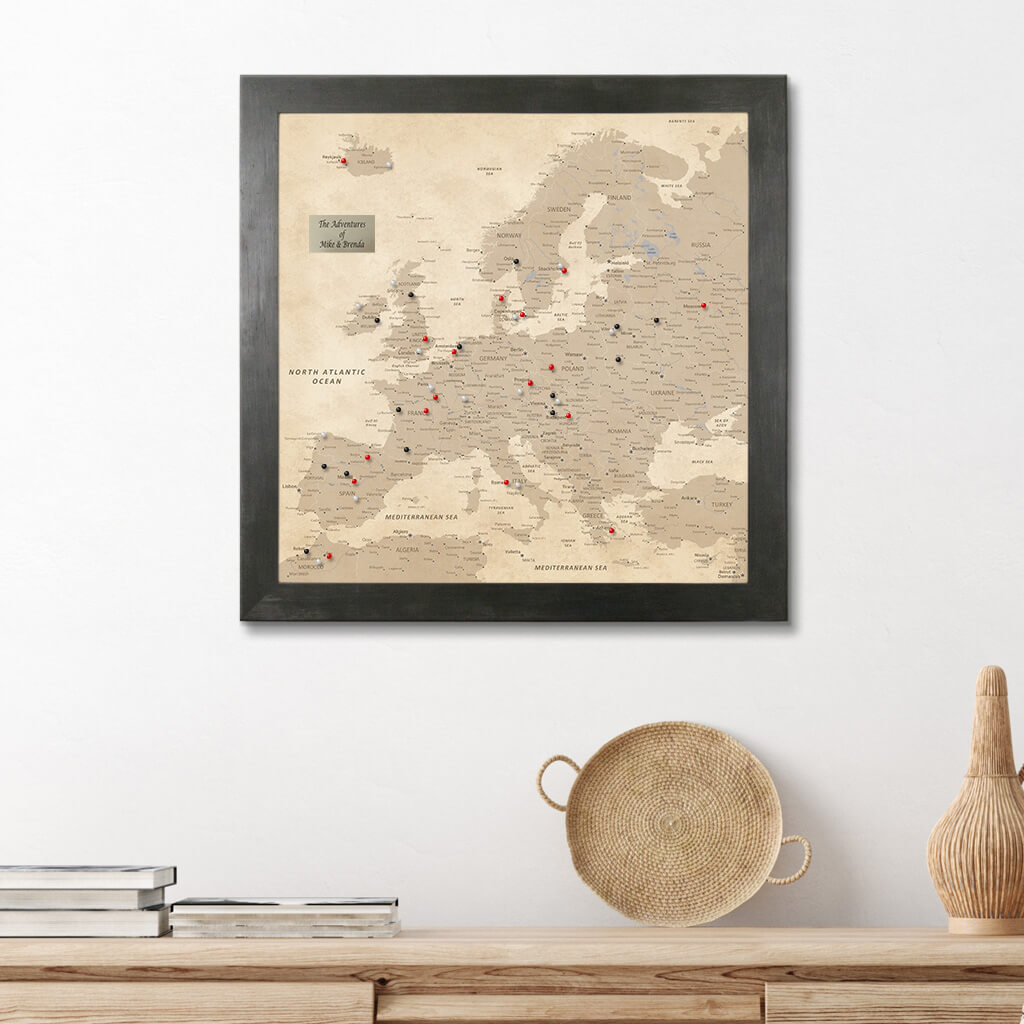 Square Vintage Europe Push Pin Travel Map - Rustic Black Frame