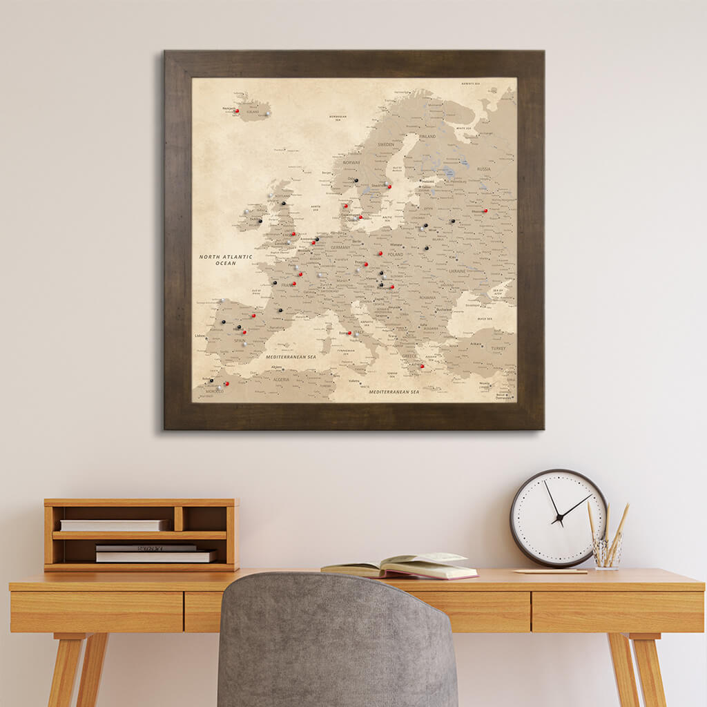 Framed Vintage Europe Canvas Map in Square Rustic Brown Frame