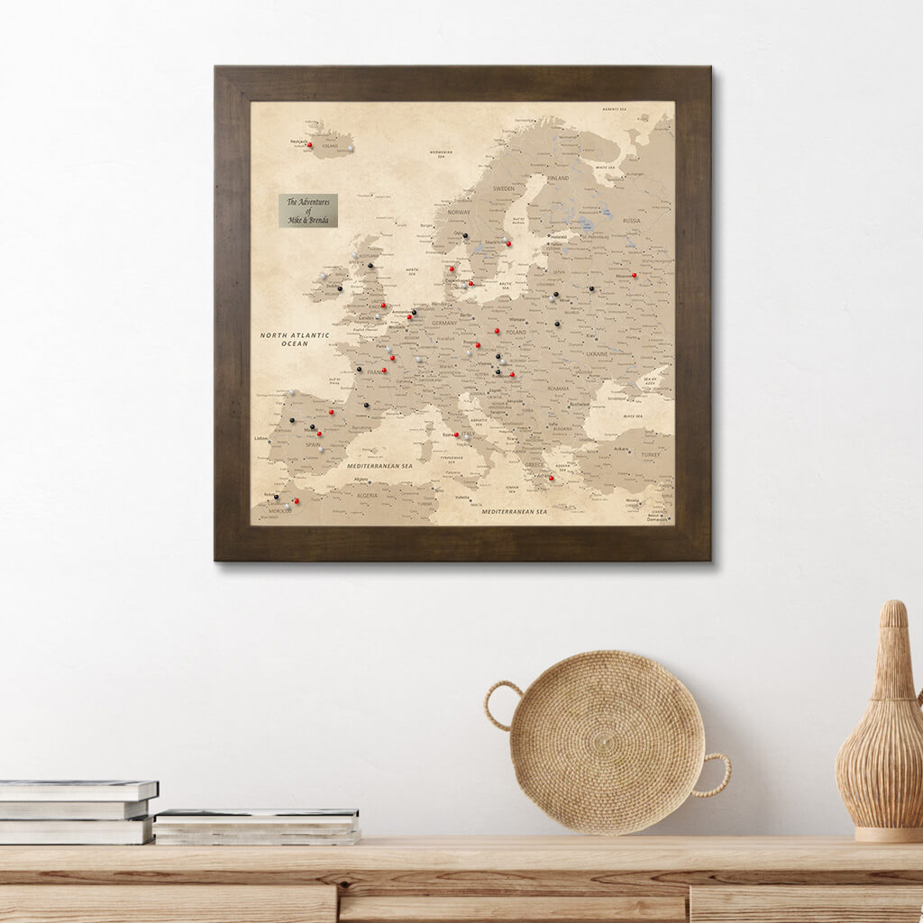 Square Vintage Europe Push Pin Travel Map - Rustic Brown Frame