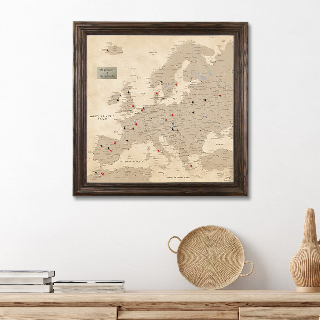 Square Vintage Europe Push Pin Travel Map - Solid Wood Brown Frame