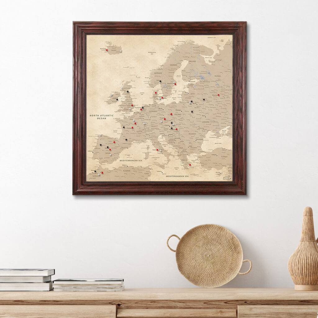 Square Vintage Europe Push Pin Travel Map - Solid Wood Cherry Frame