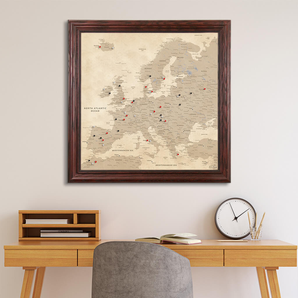 Framed Vintage Europe Canvas Map in Square Solid Wood Cherry Frame