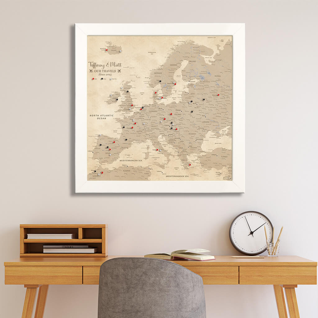 Framed Vintage Europe Canvas Map in Square Textured White Frame