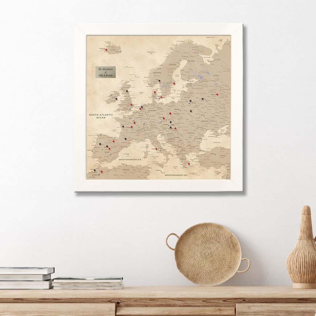Square Vintage Europe Push Pin Travel Map - Textured White Frame