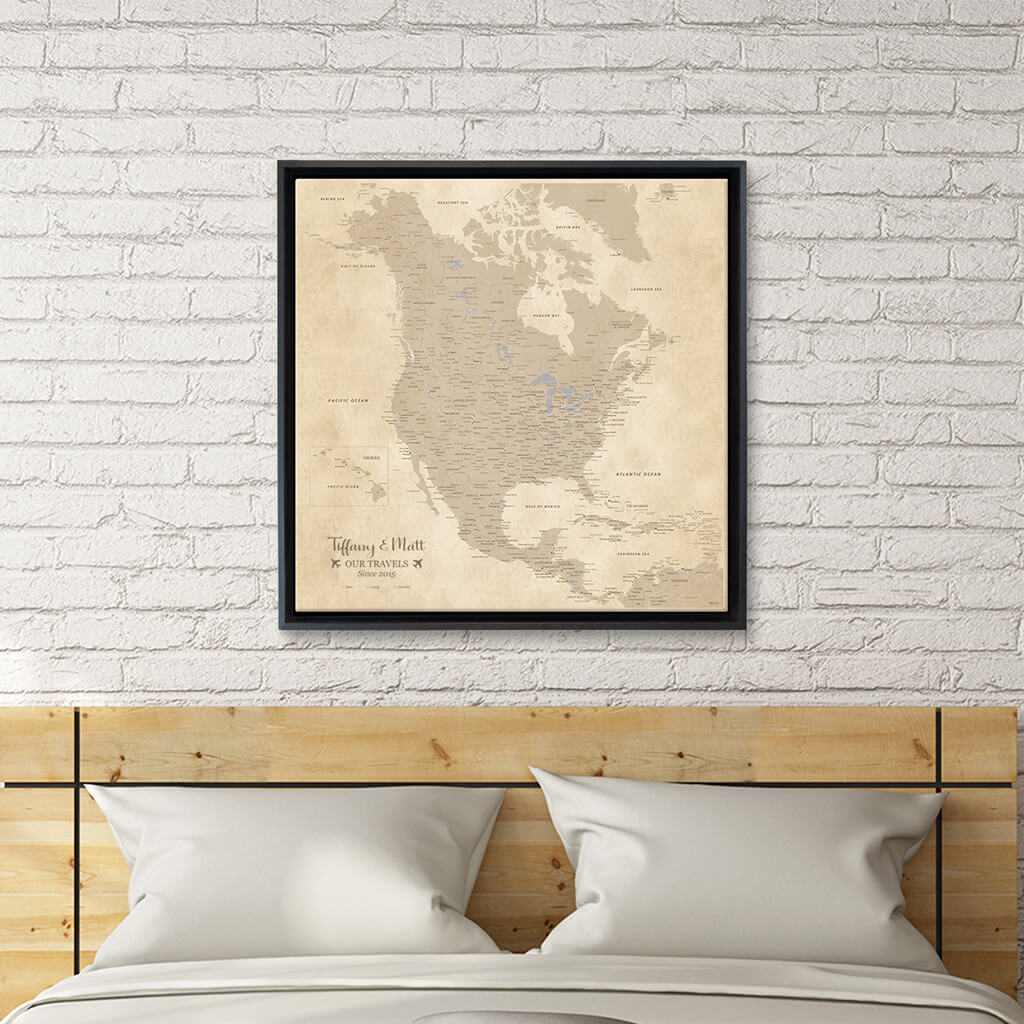 Gallery Wrapped 24&quot;x24&quot; Vintage North America Map in Black Float Frame
