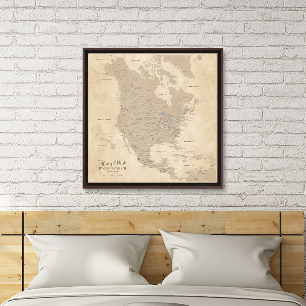 Gallery Wrapped 24&quot;x24&quot; Vintage North America Map in Brown Float Frame