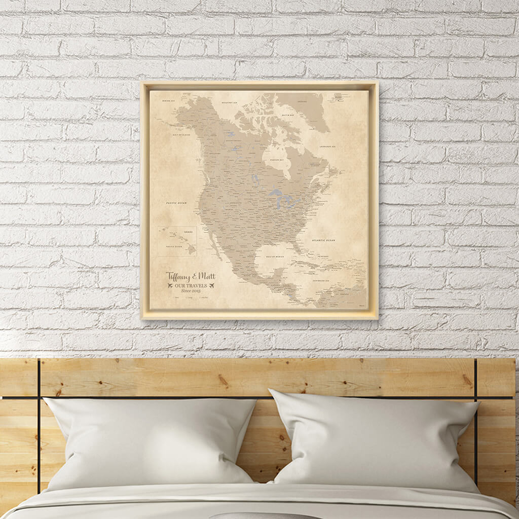 Gallery Wrapped 24&quot;x24&quot; Vintage North America Map in Natural Tan Float Frame