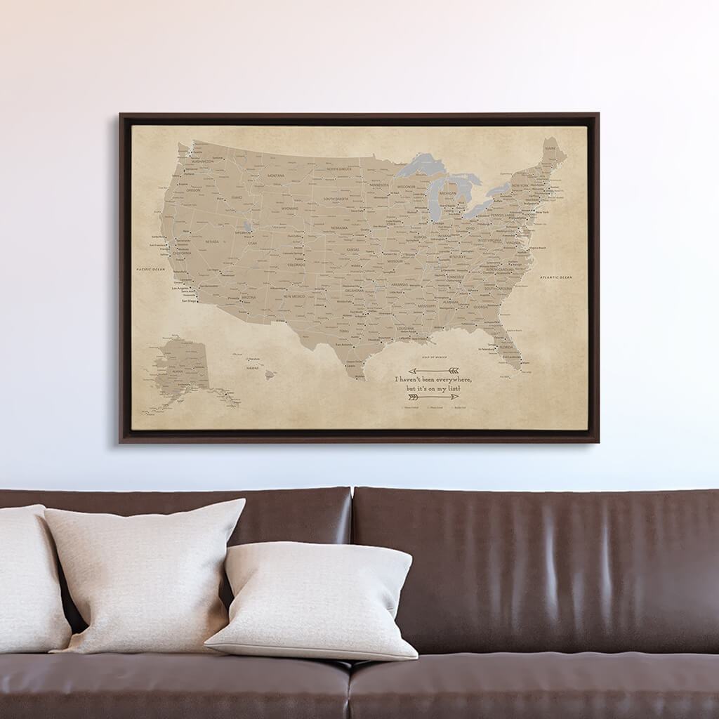 Brown Float Frame -24x36 Gallery Wrapped Vintage USA Map